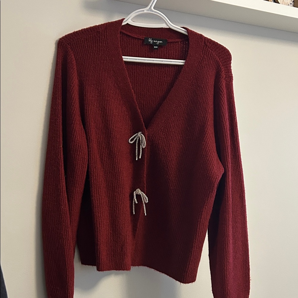 Elegant Burgundy V-Neck Sweater with Tie Details
